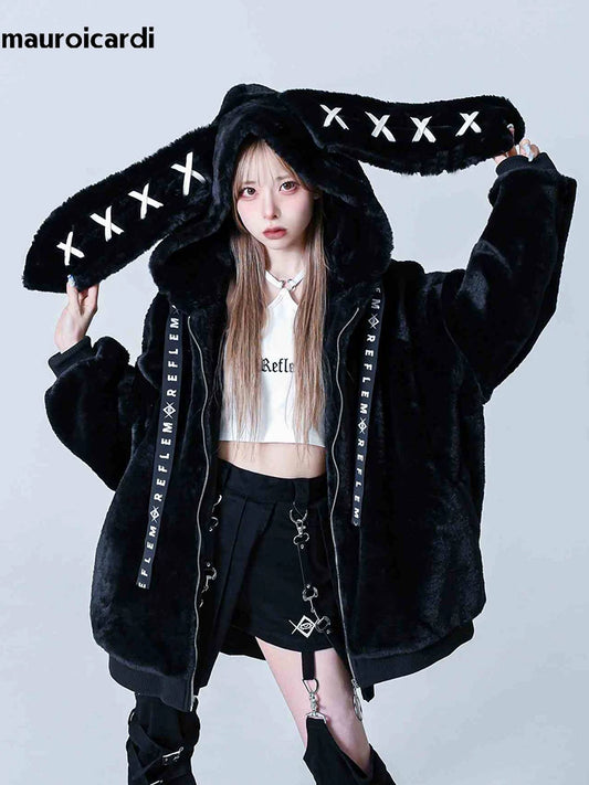 Mauroicardi Autumn Winter Sweet Cute Kawaii Soft Thick Warm Black Faux Fur Coat Women with Bunny Ears Cute Fluffy Jacket Hoodie