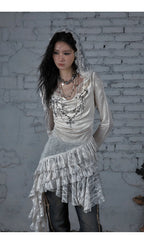 NO ROMANCE Fairy Sexy Punk Printing Half Transparent Lace Patch Knitted Long Sleeve Hooded Dresses Rock Gothic Design Vestidos SS69