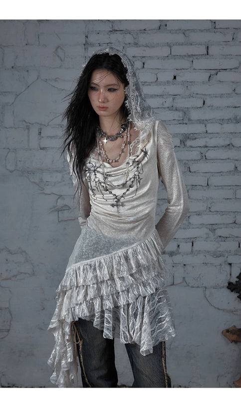 NO ROMANCE Fairy Sexy Punk Printing Half Transparent Lace Patch Knitted Long Sleeve Hooded Dresses Rock Gothic Design Vestidos SS69