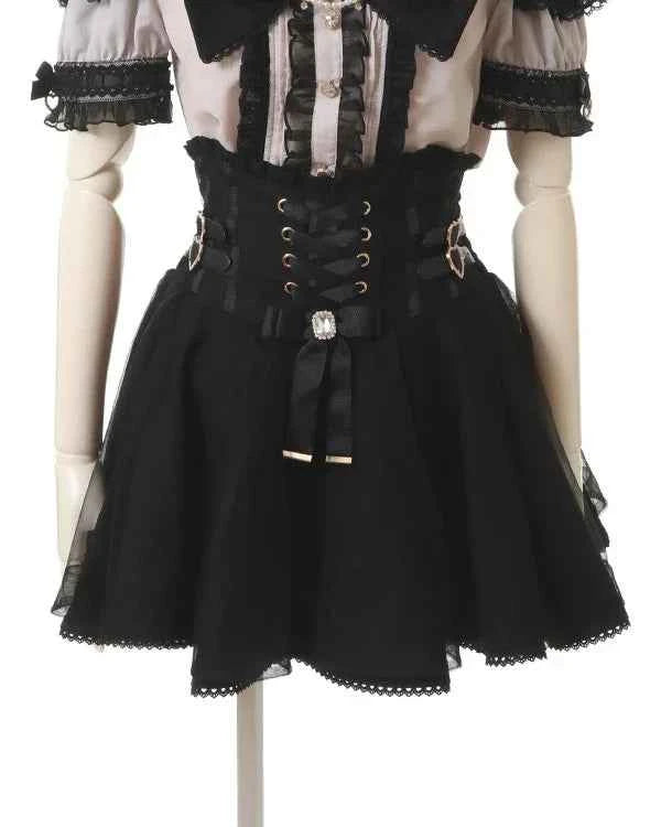 Japanese Liz New Spring Lace Edge Leather Ring High Waist Pleated Skirt Ribbon Bow Short Plaid Skirts Big Bow Lolita Blouses