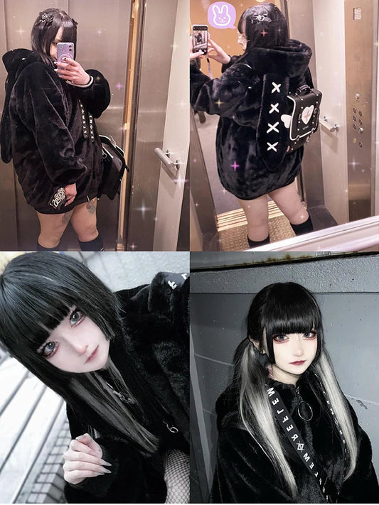 Nerazzurri Winter Sweet Cute Kawaii Soft Thick Warm White Faux Fur Coat Women with Bunny Ears Cute Fluffy Jacket Hoodie 2024 SS69