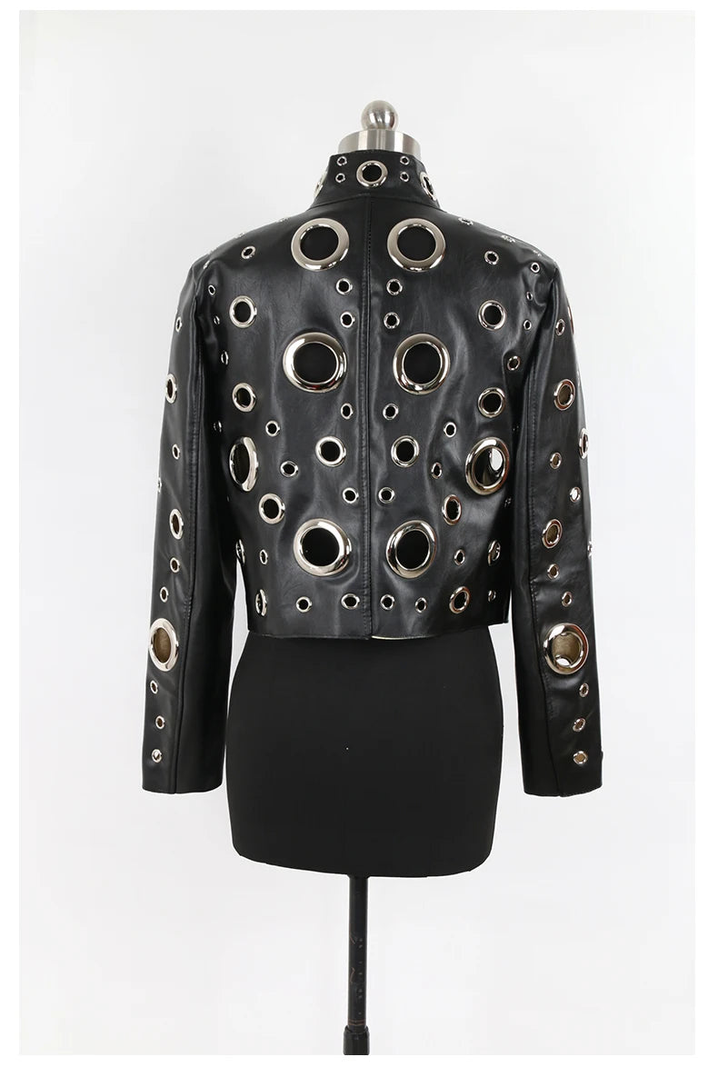 Nerazzurri Women's Faux Leather Jacket with Rivets & Hollow Out Detail