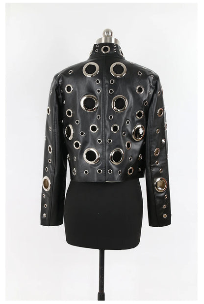 Nerazzurri Spring Autumn Short Hollow Out Pu Leather Jacket Women Rivet Cool Stylish Luxury Designer Clothes Runway Fashion 2024