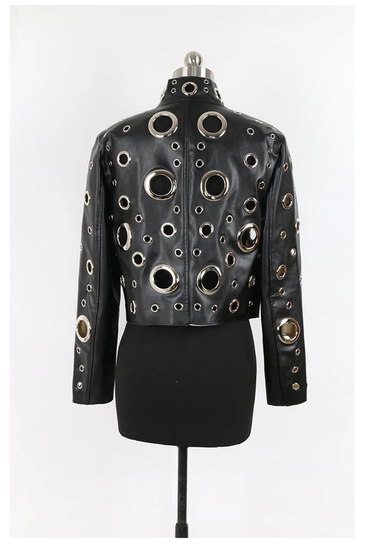 Nerazzurri Spring Autumn Short Hollow Out Pu Leather Jacket Women Rivet Cool Stylish Luxury Designer Clothes Runway Fashion 2024