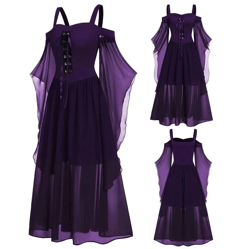 New Medieval Witch Dress for Women Halloween Carnival Women Plus Size Cold Shoulder Butterfly Sleeve Halloween Gothic Dress