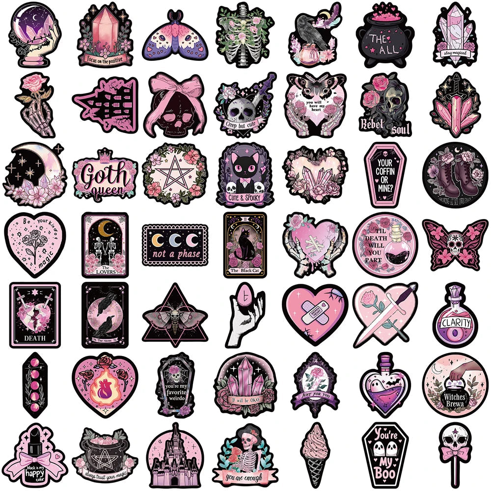 10/30/50PCS Black Pink Gothic Style Magic Witch Cartoon Sticker DIY Phone Laptop Luggage Skateboard Graffiti Decals Fun for Toy SS69