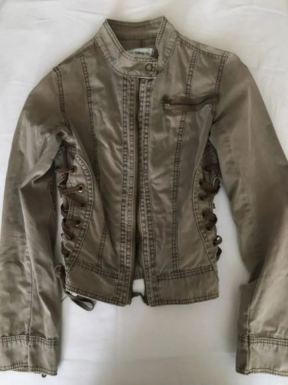 Y2K Retro Army Green Zipper Jacket Women Harajuku Sexy Slim Fit Denim Jacket Autumn Winter Short Stand Collar Coat Goth Clothing