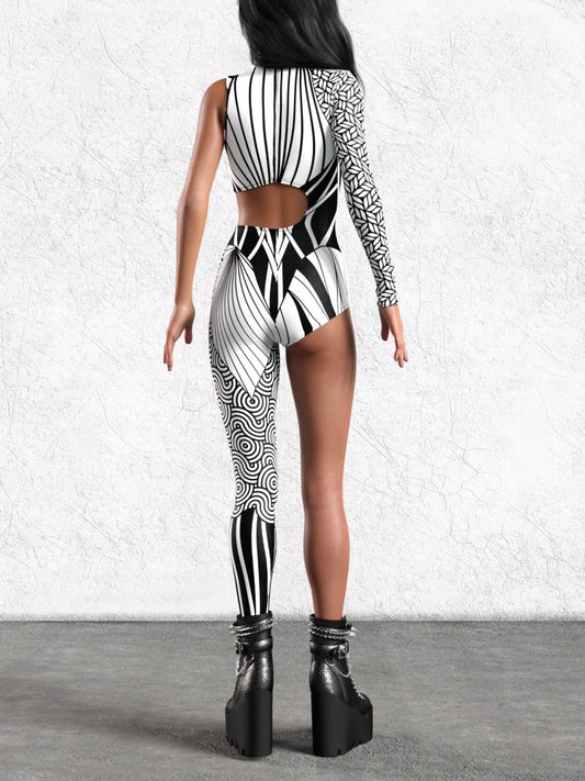 Halloween Unisex Art Irregular Lines Bodysuit Holiday Party Role Playing Solid Color Bodysuit Stage Performance Tights Costume