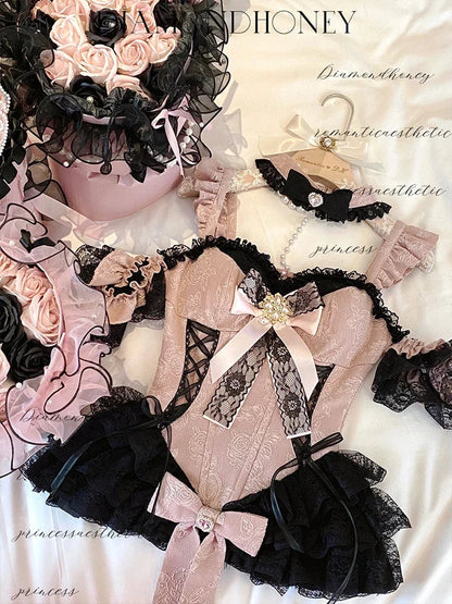 2024 New Spring Summer Ladies Exquisite Lace Skirt Suit Lolita Sweet Womens Black Pink Bow Tube Top Sling Short Cake Skirt Set SS69