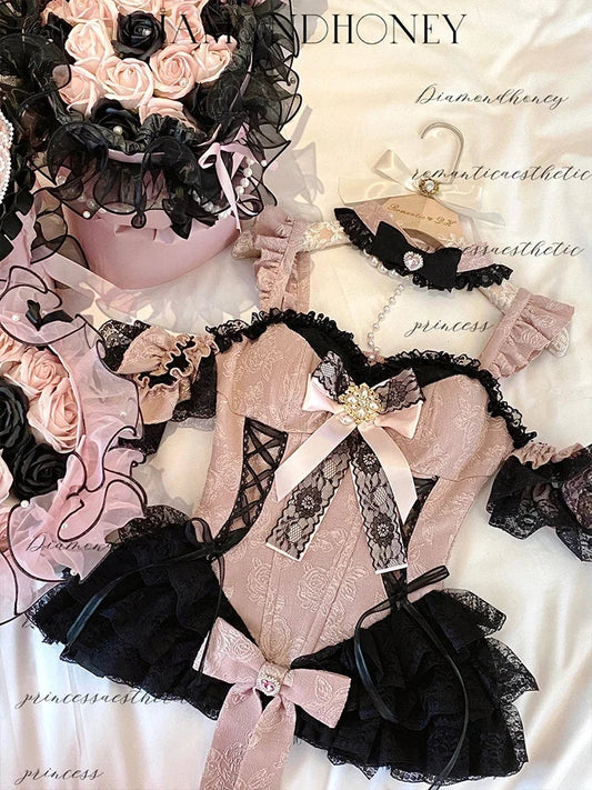 2024 New Spring Summer Ladies Exquisite Lace Skirt Suit Lolita Sweet Womens Black Pink Bow Tube Top Sling Short Cake Skirt Set SS69