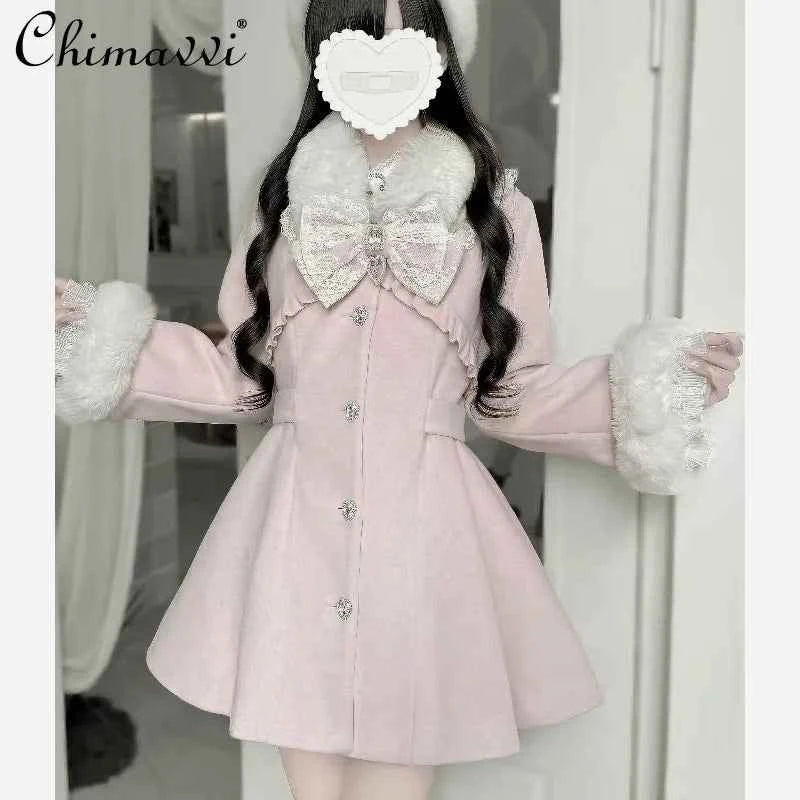 Japanese Mass-Produced Long Wool Collar Coat 20% Wool Waist-Cinching Sweet Girl Long Sleeve Slim Fit Elegant Lolita Woolen Coat