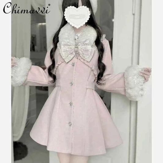 Japanese Mass-Produced Long Wool Collar Coat 20% Wool Waist-Cinching Sweet Girl Long Sleeve Slim Fit Elegant Lolita Woolen Coat