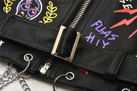 Fashion chain beading leather jacket Locomotive graffiti cartoon pu Leather Jacket female Punk Motorcyle Jacket with belt F2161 SS69