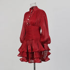 TWOTWINSTYLE Solid Spliced Ruffles Dress Female Stand Collar Long Sleeve Loose French Elegant Women's Dresses Autumn Fashion New