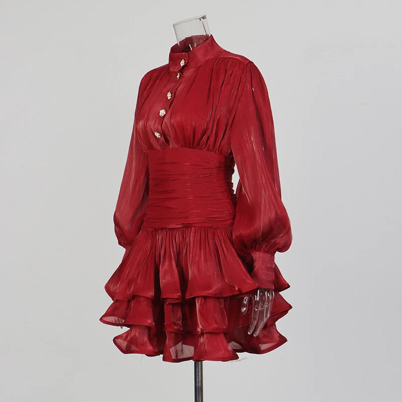 TWOTWINSTYLE Solid Spliced Ruffles Dress Female Stand Collar Long Sleeve Loose French Elegant Women's Dresses Autumn Fashion New