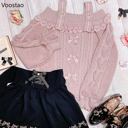 SS69 Vintage Sweet Lolita Knit Pullover with Lace Ruffles and Bows