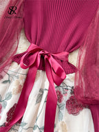 SINGREINY Senior Knitted Patchwork Dress Long Lantern Sleeves Bow Mesh Embroidery Floral Women Autumn France Elegant Party Dress