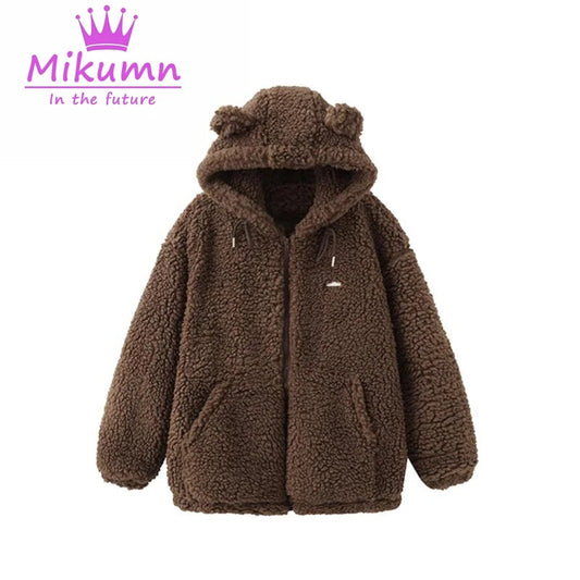 Mikumn Harajuku Y2k Cute Bear Ears Lamb Wool Coat Women's Winter Soft Thickened Warm Hooded Overcoat Female Casual Outwear SS69