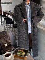 Mauroicardi Autumn Winter Oversized Extra Long Warm Thick Gray Wool & Blends Coat Women Loose Casual Fluffy Korean Fashion 2024