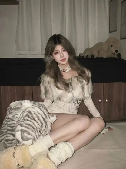 Y2k Emo Women Korean Streetwear Japanese Fur Collar Tops Off Shoulder Long Sleeve Aesthetics Letter T-shirt 2000s Alt Clothes SS69