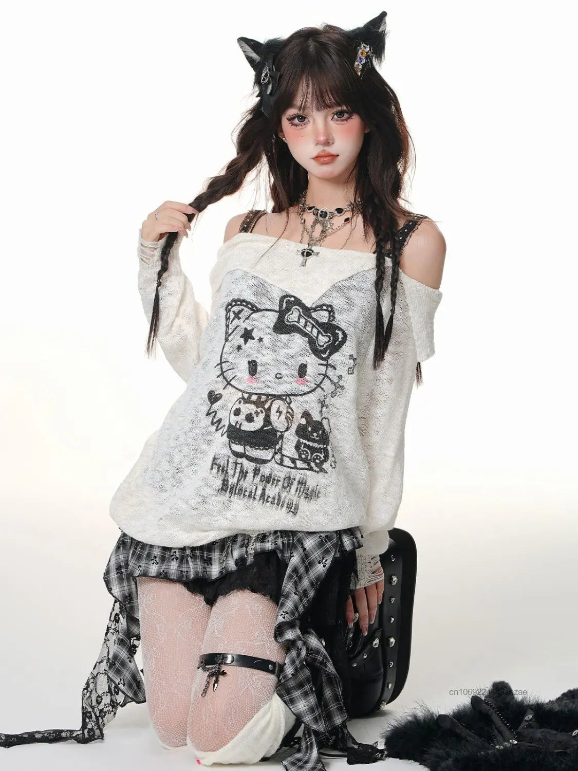 Sanrio Hello Kitty Y2k Spicy Girl Cute Graffiti T-shirt Slash Neck Micro Transparent Strap Top Women New Trend Long Sleeve Tees SS69