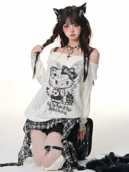 Sanrio Hello Kitty Y2k Spicy Girl Cute Graffiti T-shirt Slash Neck Micro Transparent Strap Top Women New Trend Long Sleeve Tees SS69