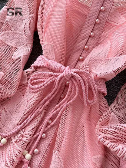 SINGREINY Women Elegant Floral Emboridery Dress Hollow Out Long Sleeve Single Breasted Belt French Court Chic Short A Line Dress