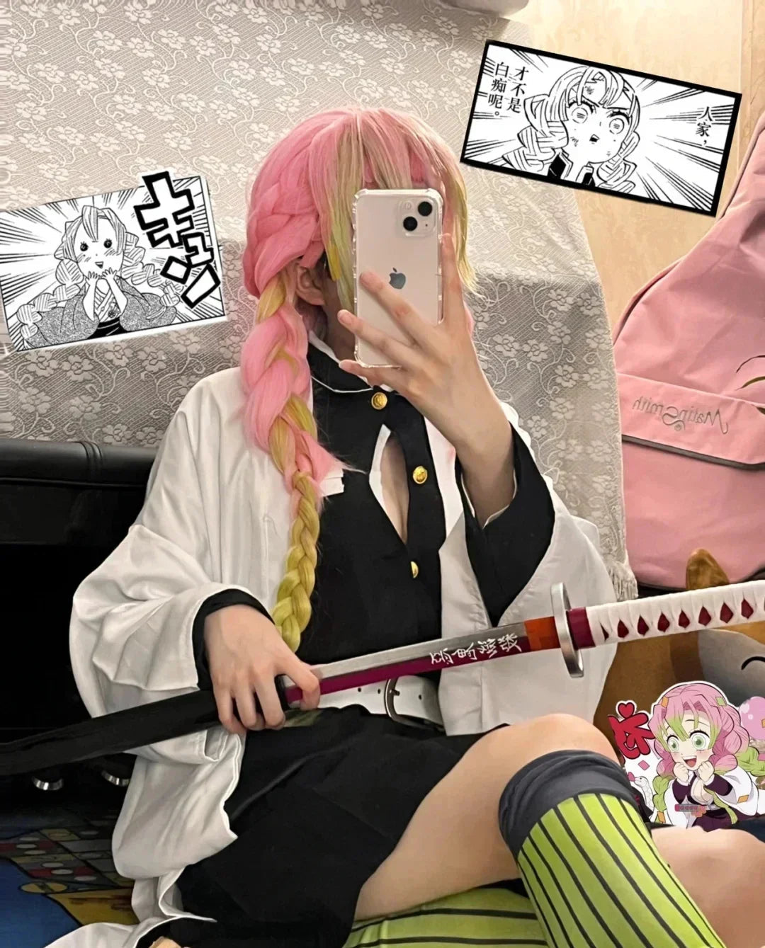 Anime Kanroji Mitsuri Cosplay Costume Kimono Haori Dress Wig Clothes Halloween Costume for Adult Children SS69