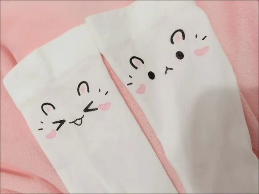 SS69 Japanese Kawaii Expression Thigh High Socks - White Plaid Over Knee