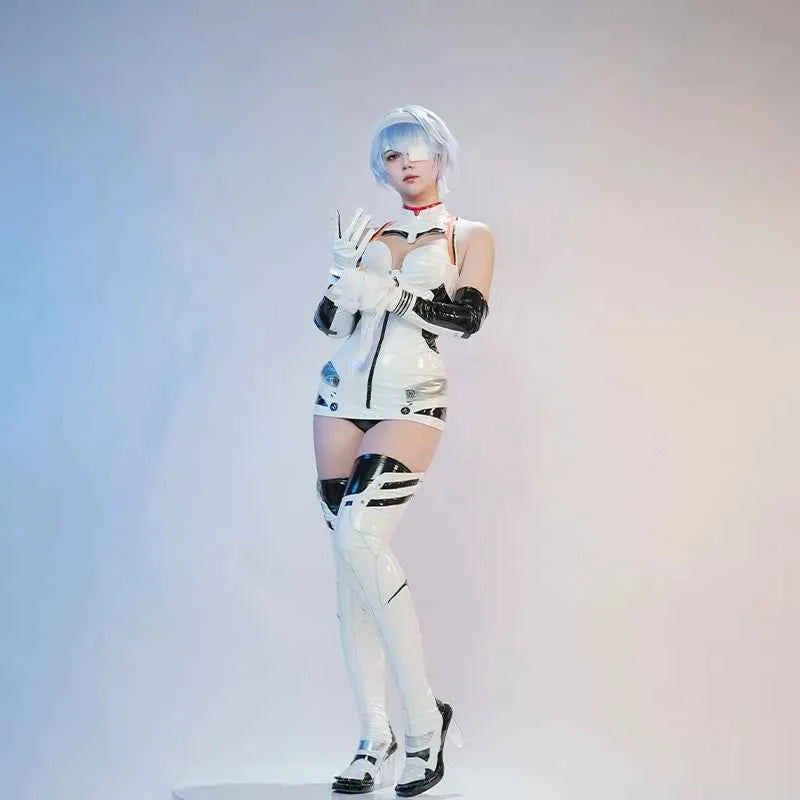 Ayanami Rei Cosplay Costume Ainme EVA Women's sexy white leather jumpsuit shoulder armor prop wig Halloween carnival uniform