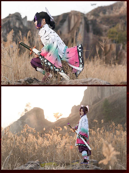Kochou Shinobu Anime Cosplay Costume Set with Uniform and Haori for Adults