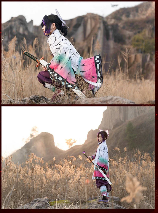 Kochou Shinobu Anime Cosplay Costume Set with Uniform and Haori for Adults