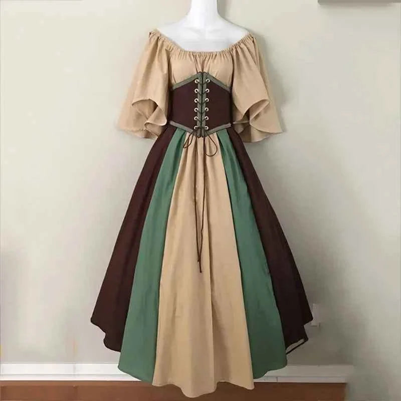 Halloween Costumes for Women Medieval Retro Contrasting Color Slim Swing Dress One-word Shoulder Dress Love Live Cosplay
