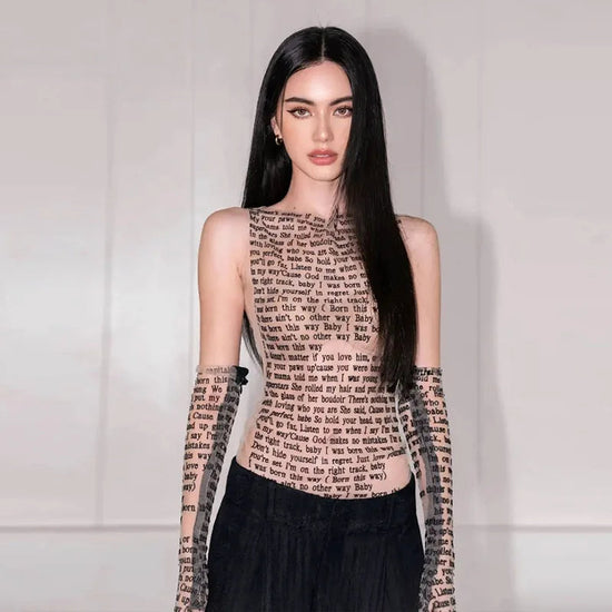 Fashion Trendy Round Collar Sleeveless Tank Mesh Sexy Article Print Slim Casual Top Women Hipster Wear SS69