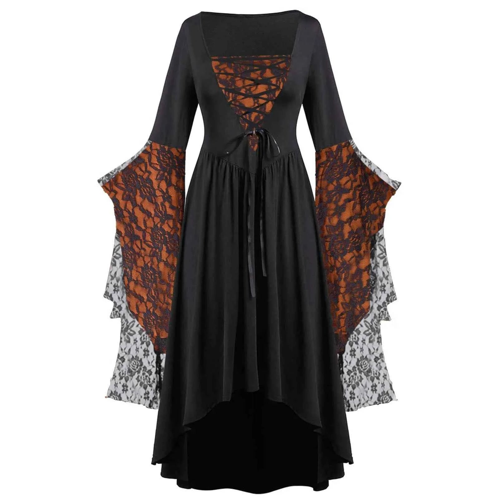 Women Gothic Plus Size Long Dresses Halloween Lace Dress Flare Sleeve Halloween Dresses Cosplay Costume Gothic Clothes For Women