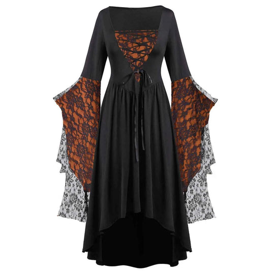 Women Gothic Plus Size Long Dresses Halloween Lace Dress Flare Sleeve Halloween Dresses Cosplay Costume Gothic Clothes For Women