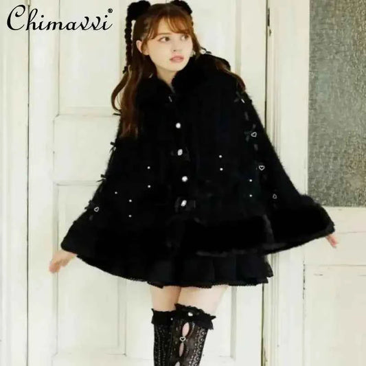 Autumn and Winter Japanese Liz Furry Knitted Cape Coat Sweet Girls Women Mine Series Cute Bow Princess Hooded Kawaii Lolita Coat