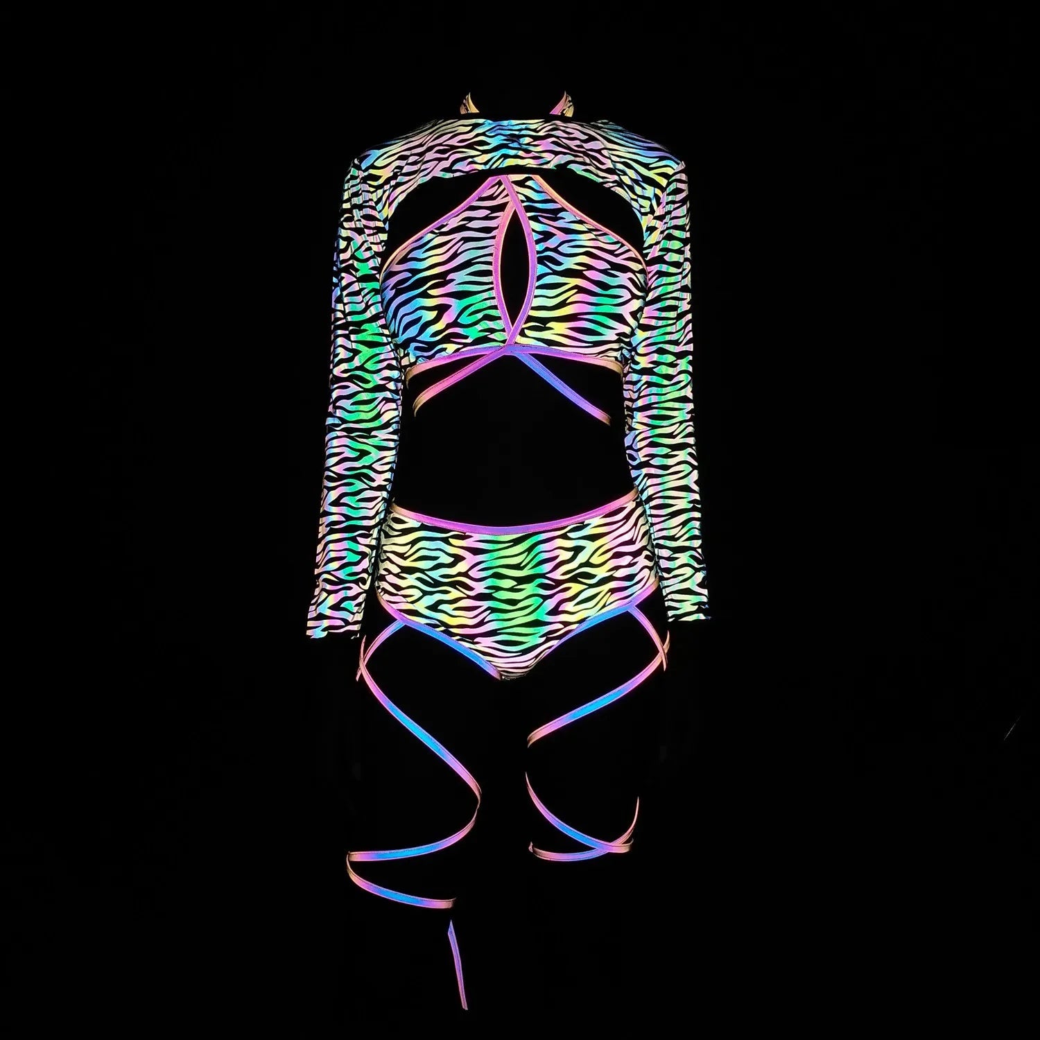 Harajuku Fashion Women Colorful Reflective Set Bandage Shorts+Bra+Crop Top Techwear Clothing Conjuntos Curtos SS69 47.69 3 piece set b / L