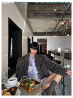 Mauroicardi Autumn Winter Oversized Extra Long Warm Thick Gray Wool & Blends Coat Women Loose Casual Fluffy Korean Fashion 2024