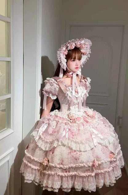 Original Heavy Birthday Party Lolita Puffy Dress Sweet Girls Back Big Bow Tail Vintage High-end Women's Elegant OP Dress