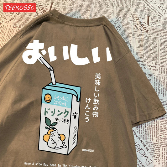 Cute Japanese Cat Print Oversized T-shirt Women Men Short Sleeve Loose Casual Tee Shirt Streetwear Tops Cotton Harajuku Clothing SS69 13.69 Brown / XL