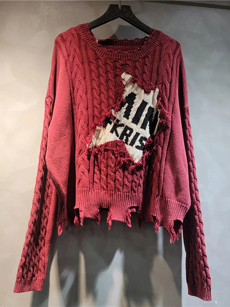 DEAT Women's Loose Knit Patchwork Lantern Sleeve Sweater