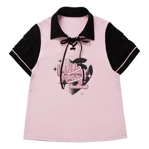 Black Pink Y2K Clothing Set Hot Girls Strapless Strap Short Sleeve T-shirt Slimming Jeans Long Pants Female 4 Piece Set Outfits SS69 42.69 Lace-up t-shirt / L