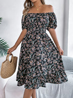Summer Women's Beach Dress Floral 3D Print Square Neck Short-Sleeved Ladies Waist Ruffled A-Line Dress For Women Holiday Dresses
