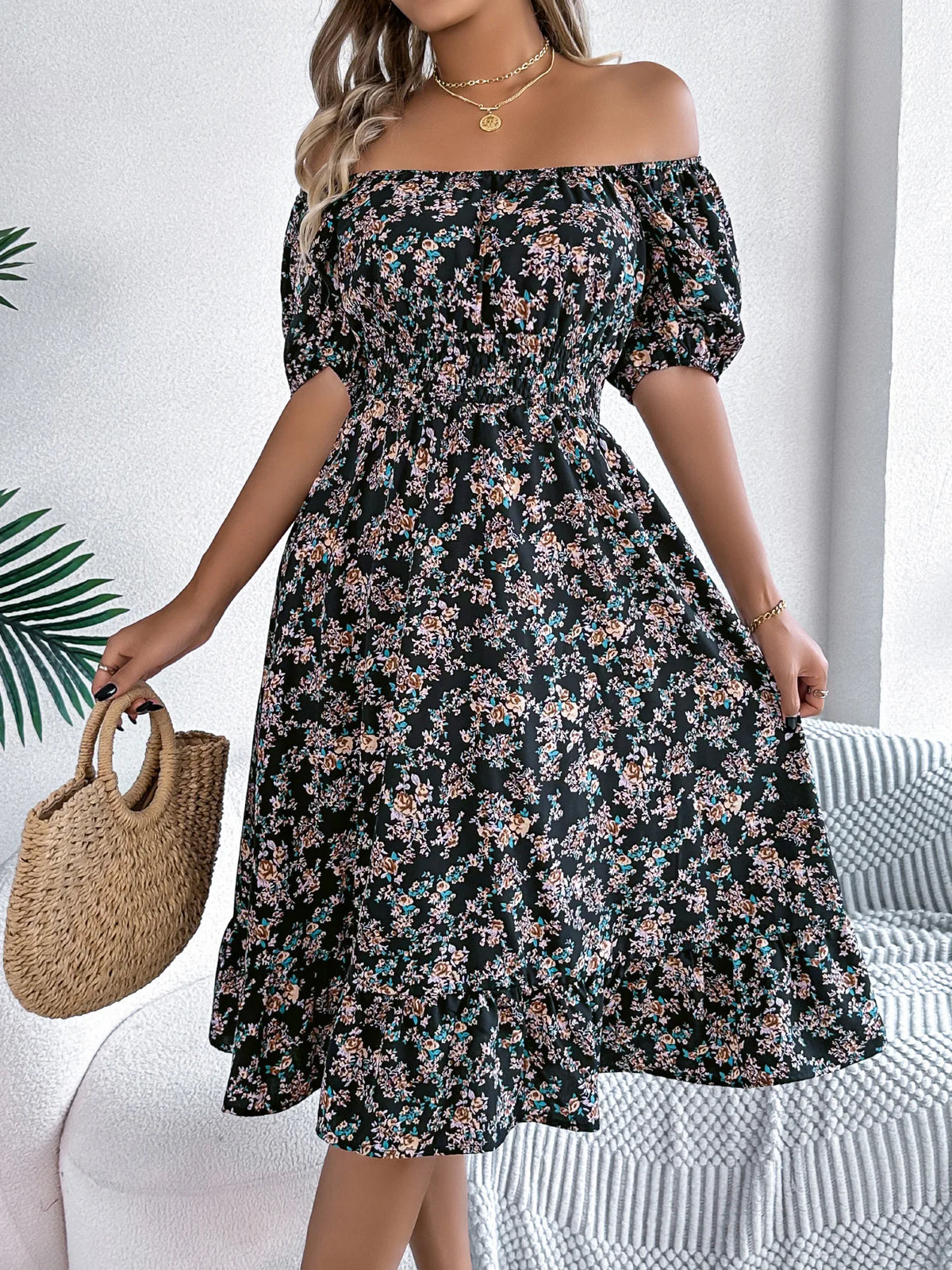 Summer Women's Beach Dress Floral 3D Print Square Neck Short-Sleeved Ladies Waist Ruffled A-Line Dress For Women Holiday Dresses