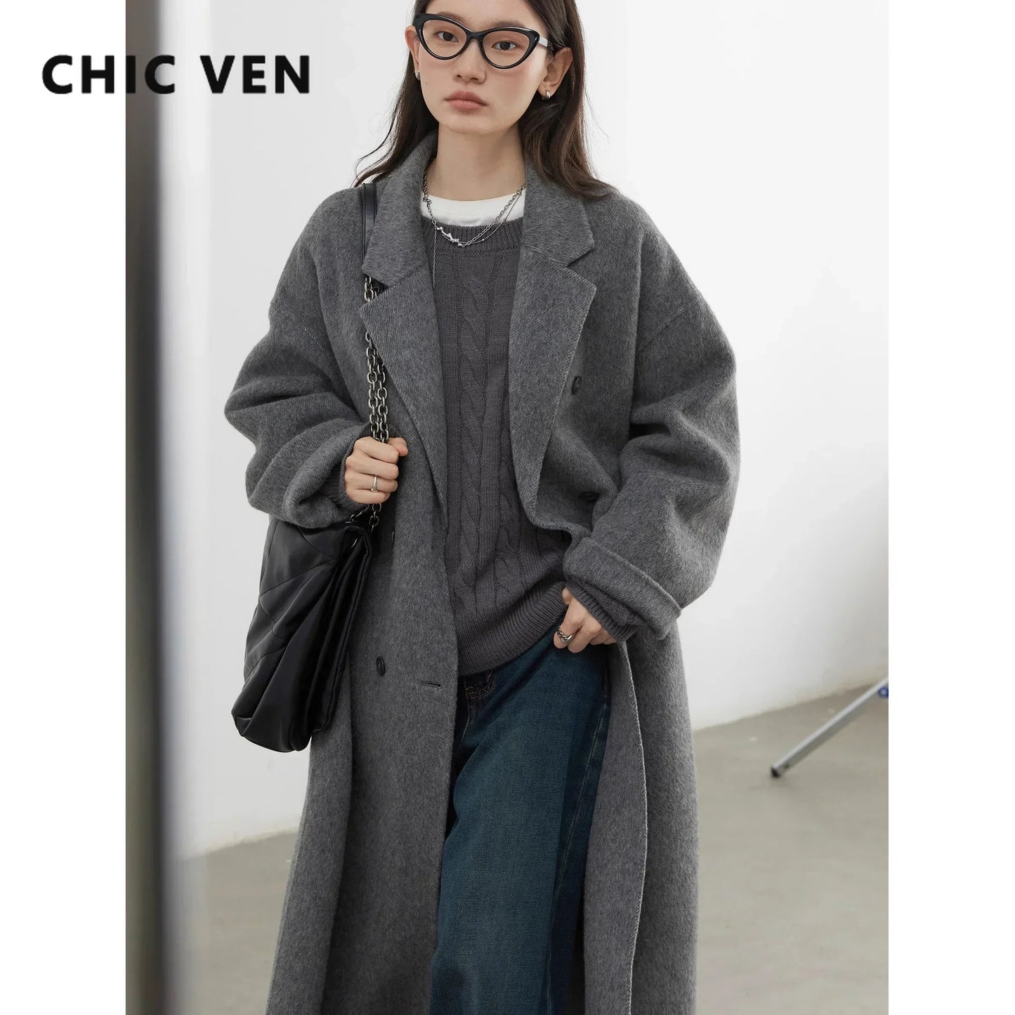 CHIC VEN Women Woolen Coat Double-breasted Basic Loose Casual Retro New Long Double-sided Female Overcoat Autumn Winter 2026