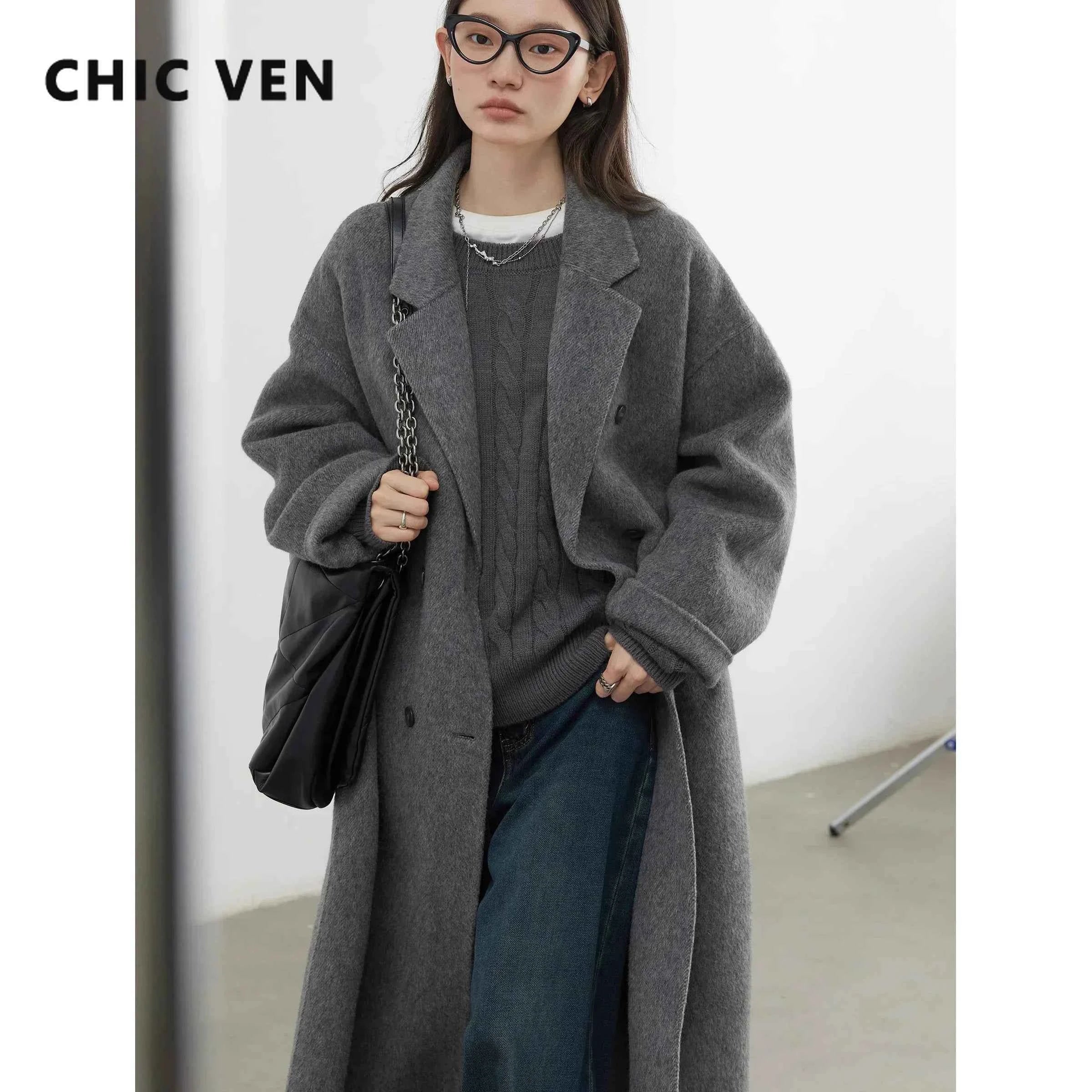 CHIC VEN Women Woolen Coat Double-breasted Basic Loose Casual Retro New Long Double-sided Female Overcoat Autumn Winter 2026