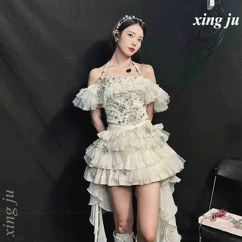 Kpop Singer Sexy Rhinestones Sling Tops Irregular Ruffled Skirts Stage Performance Outfits Women Nightclub Dj Jazz Dance Costume