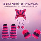Halloween Cheshire Cat Cosplay Set Lady Furry Striped Cat Ear Hat Wrist Cuffs Leg Warmers Alice Themed Party Costume Accessories