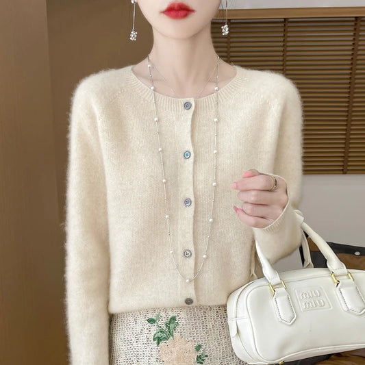 100%Merino Wool Cardigan Women's Round Neck Casual High-Quality AutumnWinter Solid Color Jacket Knit Basic Sweater Pure Wool Top SS69